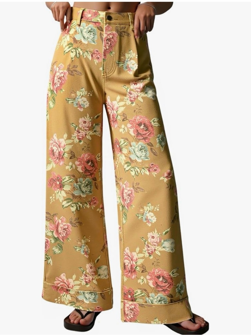 Wide Leg Floral Print Pants in Mustard